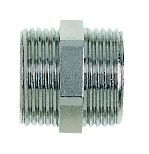 Metallener Doppelnippel mit Außengewinde, verwendet für Rohrverbindungen. Hergestellt von IMI Hydronic Engineering.